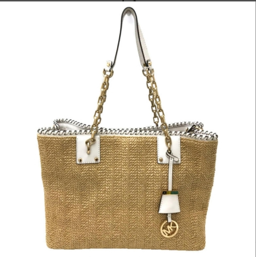 Michael Kors Tan Woven Tote with Gold Chain Straps